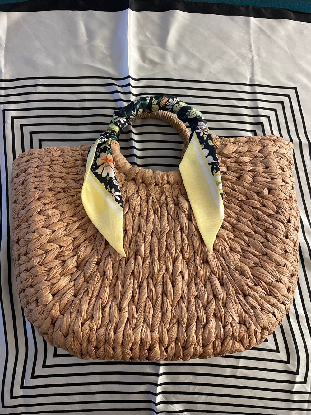 Woven Straw Handle Tote with Yellow Scarf Accent